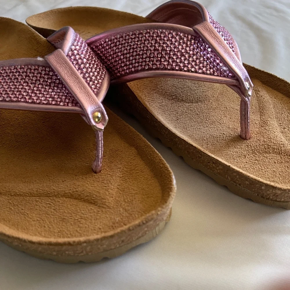 Metallic Pink, Shimmery Italian Shoemakers Cork Wedge Thong Sandals 1.5” H NWOT